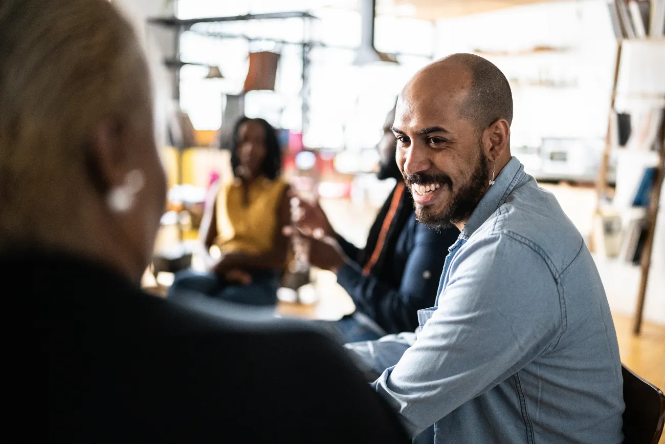 Men talking in a workshop